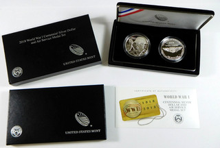 2018 U.S. Mint WWI Centennial Silver Dollar & Air Service Silver Medal Set OGP