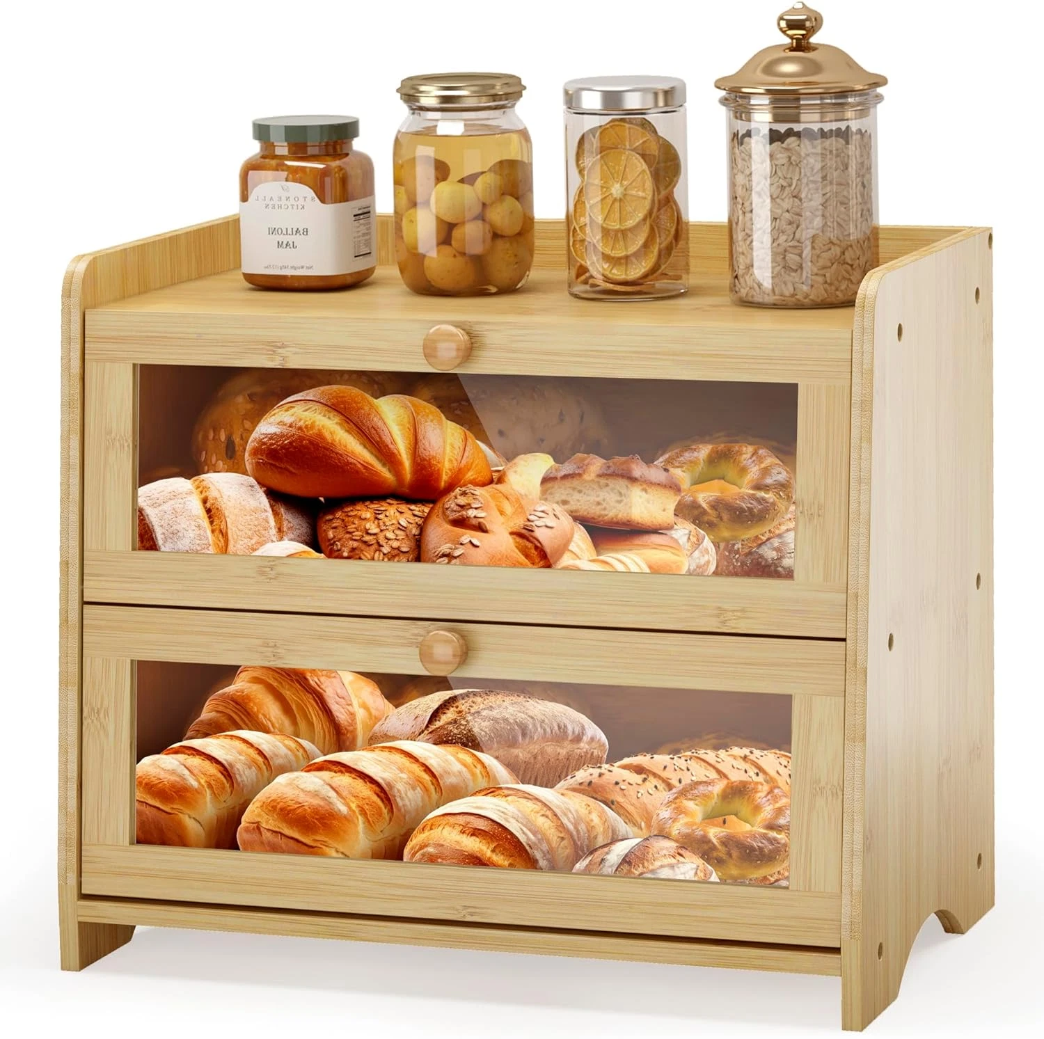 Double Layer Bamboo Bread Box Large Wooden Farmhouse Bread Storage Windows