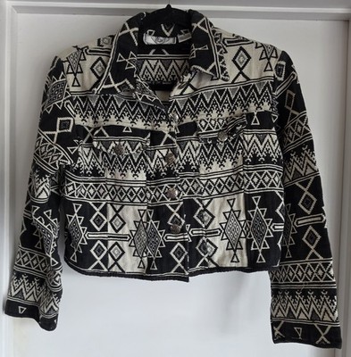 Vintage Essentiale Tapestry Jacket M Black White Southwestern Cropped Boxy Boho