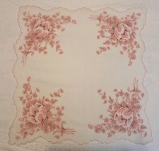 Great Vintage Pink Floral Outline Embroidery Bouquet Corners Hankie FREE SHIP