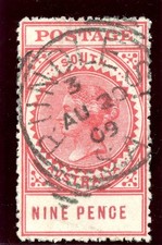 South Australia 1909 QV 9d lake (Type A - perf 12&frac12;) very fine used. SG 302c.