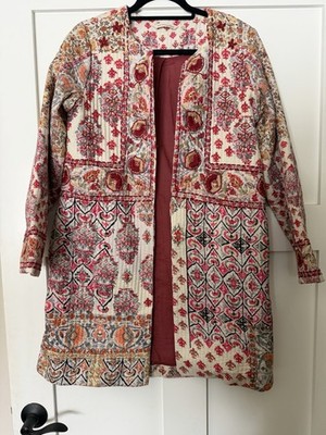 Soft Surroundings Quilted Embroidered Jacket XS Boho Open Front Artisan India