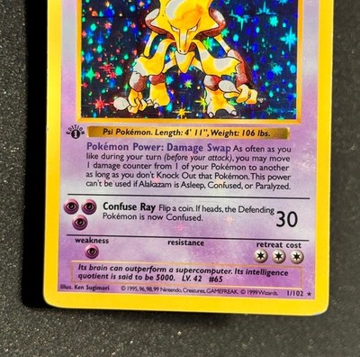 Major Holo Bleed 1st Edition Shadowless #1 ALAKAZAM 1999 Pokemon