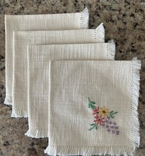 Set Of 4 Hand Embroidered Pastel Flower Small Cloth Napkins 10” Square