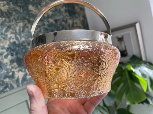 CARNIVAL GLASS ~ CRACKLE HANDLED BOWL ~