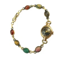 Women’s Bulova Watch, 14kt Gold Case, 10kt G.F Scarab Stone Bracelet, Wind Up