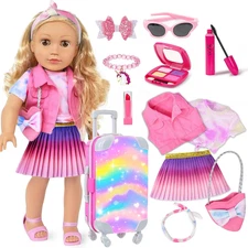American 18 Inch Girl Doll Makeup Accessories and Clothes Set, Include Suitcase 