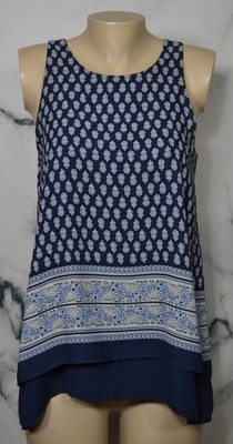 MAX STUDIO Blue White Tan Multi Print Sleeveless Top Double Hem Lined Polyester