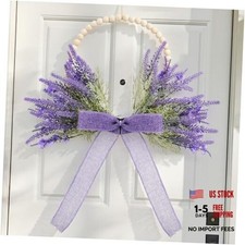 Wood Bead Wreath with Bow Farmhouse Spring Artificial Floral Indoor Lavender