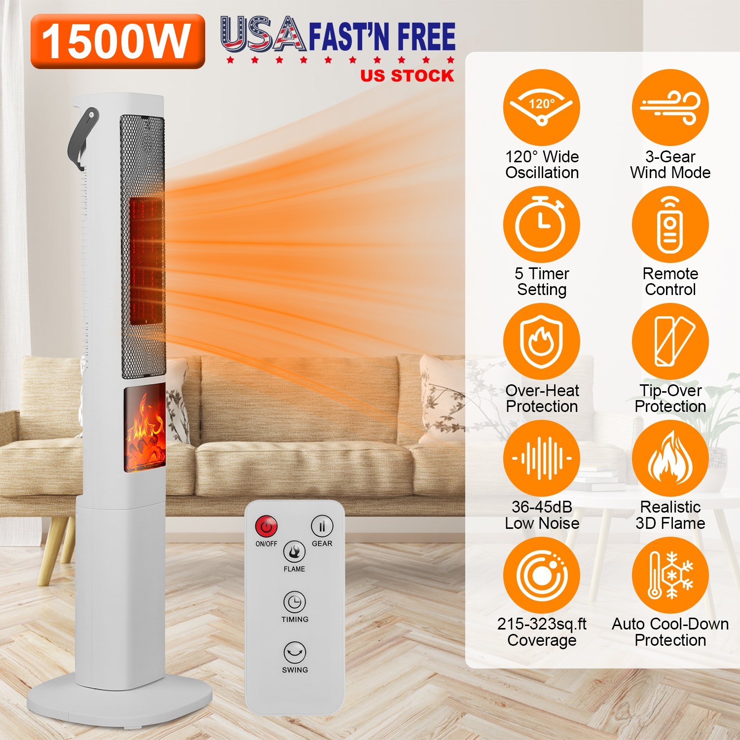 120&deg; Oscillating Tower Space Heater 3D Realistic Flame Effe