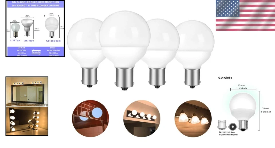 LED RV Vanity Bulbs 12V BA15S Cool White 6000K 4-Pack Light for Camper Boat - Image 2 of 4