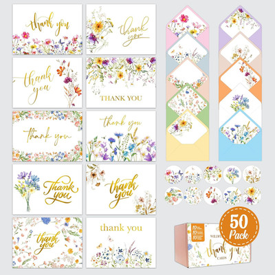 50 Pack Gold Foiled 6X4In Wildflower Thank You Cards Wedding with Envelopes and