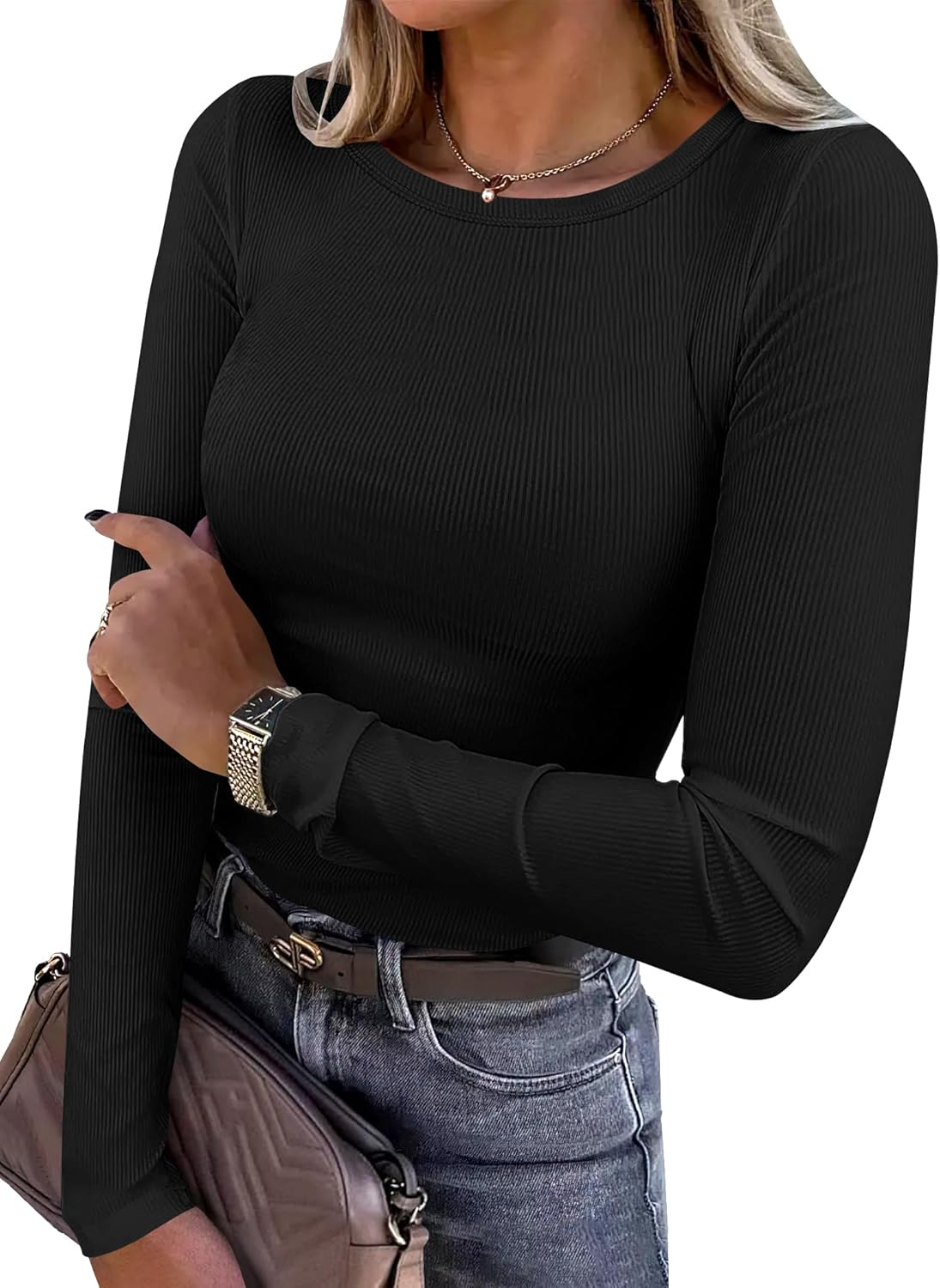 Women Long Sleeve Shirts Rib Knit Slim Fit Tops Basic Tee 2025 Fall Outfits Casu