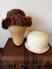 Vintage Women's Hats Brown Feather Cream Angora Fur Bowler Union Made Theater