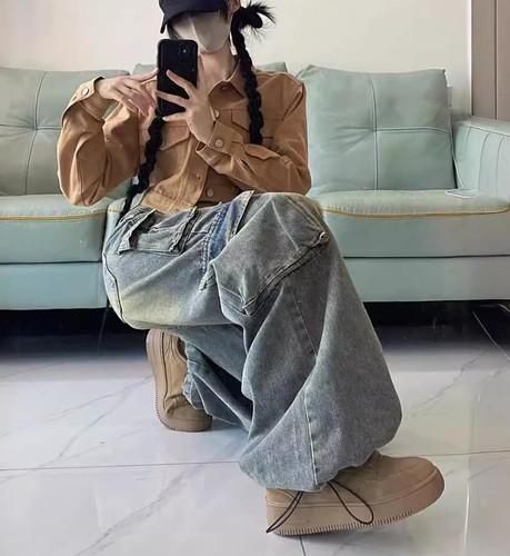 Women's Retro Blue Denim Jeans Straight Loose Fit Multi Pockets Pants Trousers - Bild 2 von 8