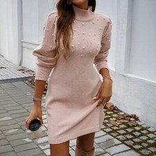 Femme Robe Pull Tricot Manches Longues Pull Décontracté Perle Hiver Chaud