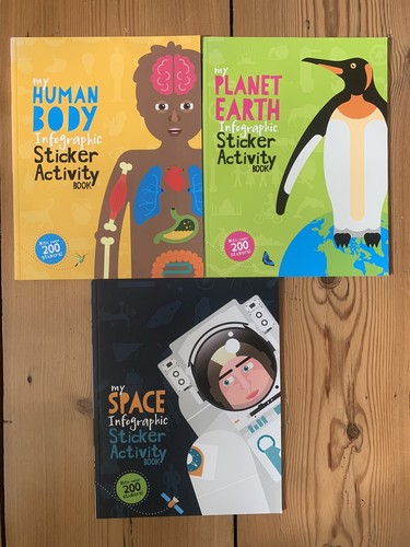 3 x Infografik Sticker Activity Book - Menschlicher Körper, Weltraum, Planet Erde Konvolut