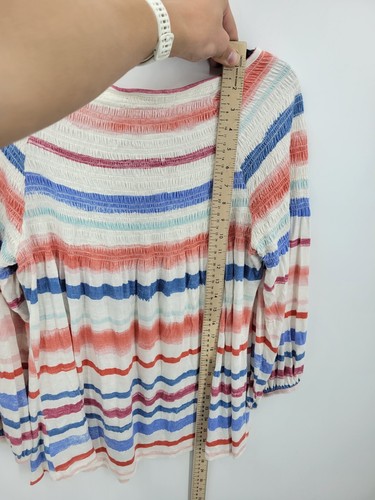 Meadow Rue Top Womens Medium Red White Blue Stripe Smocked Balloon Sleeve Boho - Picture 8 of 10