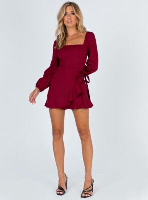 Princess Polly The Villa Linen Blend Square Neck Mini Dress in Burgundy  size 4 | eBay