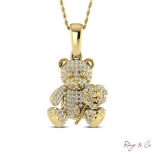 3D Teddy Bear with Rose Flower 0.33 Ctw Diamond Pendant Charm 10K