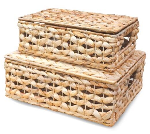 Wicker Storage Baskets with Lids - Set of 2 Rectangular Water Hyacinth Boxes,