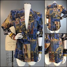 Vtg 80s Jacket Boyfriend Blazer Art to Wear Rayon Novelty Print Abstract NOS M