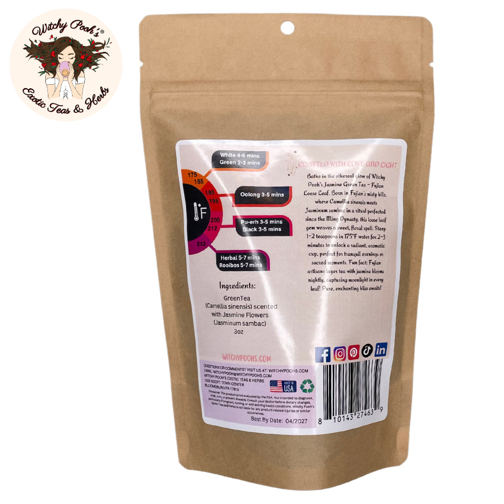 Witchy Pooh's Jasmine Scented Loose Leaf Green Tea, Fujian Mountain, Caffeinated