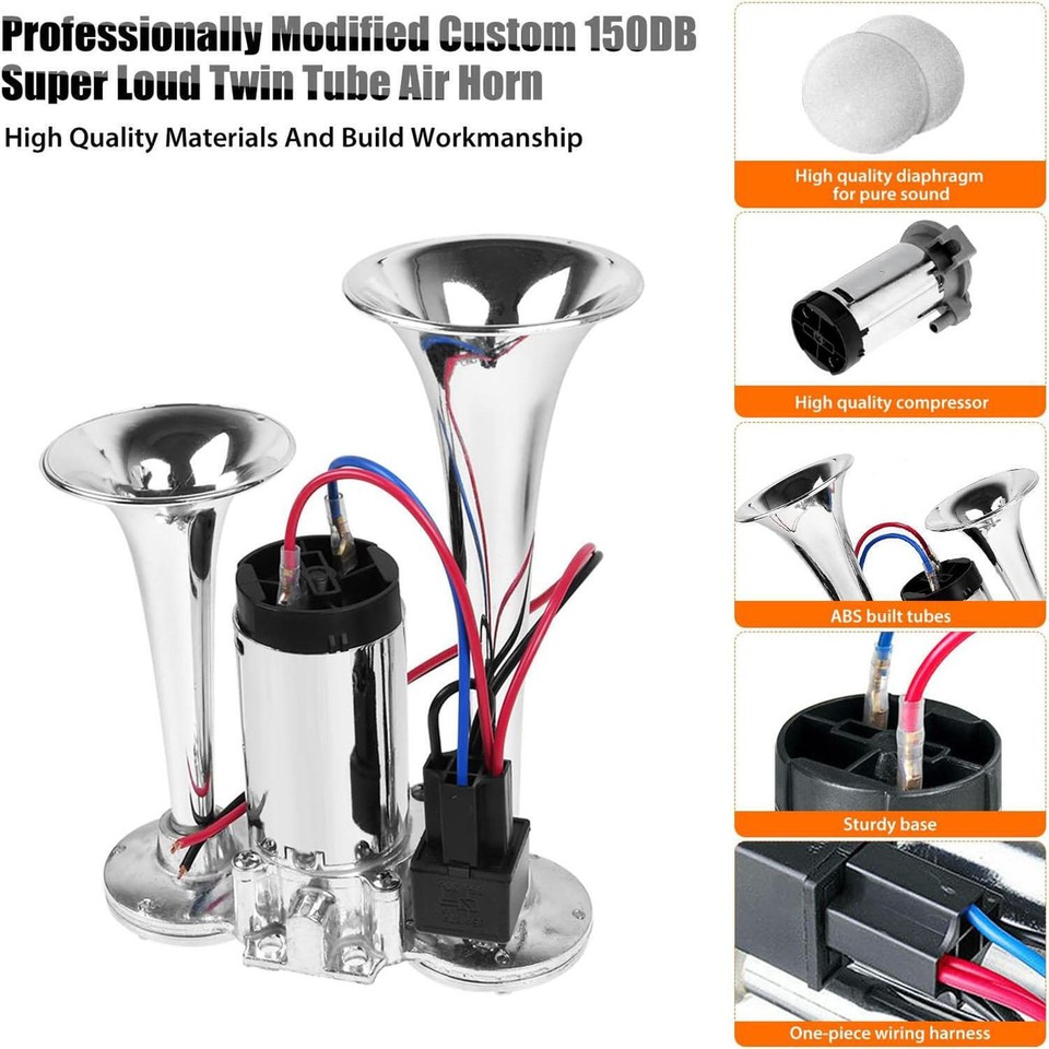 Super Loud Car Truck Boat Dual Trumpet Train 12V 600DB Air Horn ...