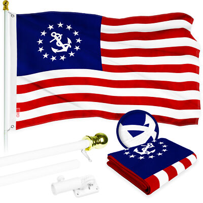 Combo: 5 Ft Flagpole White & American USA Yacht Ensign Flag 2x3 Ft Emb 300D Poly