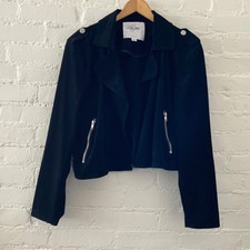 Lola Womens Black Faux Suede Moto Jacket Open Front Zip Pockets Medium