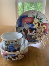 Vintage Children  s Ceramic Dish Set Dogs And Cats Plate Cup And Bowl Gold Trim