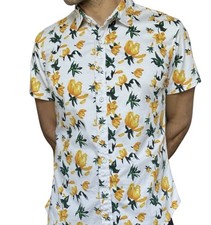 St33le Stretch Knit Shirt Mens Small Short Sleeve Yellow Floral Button Up Steele