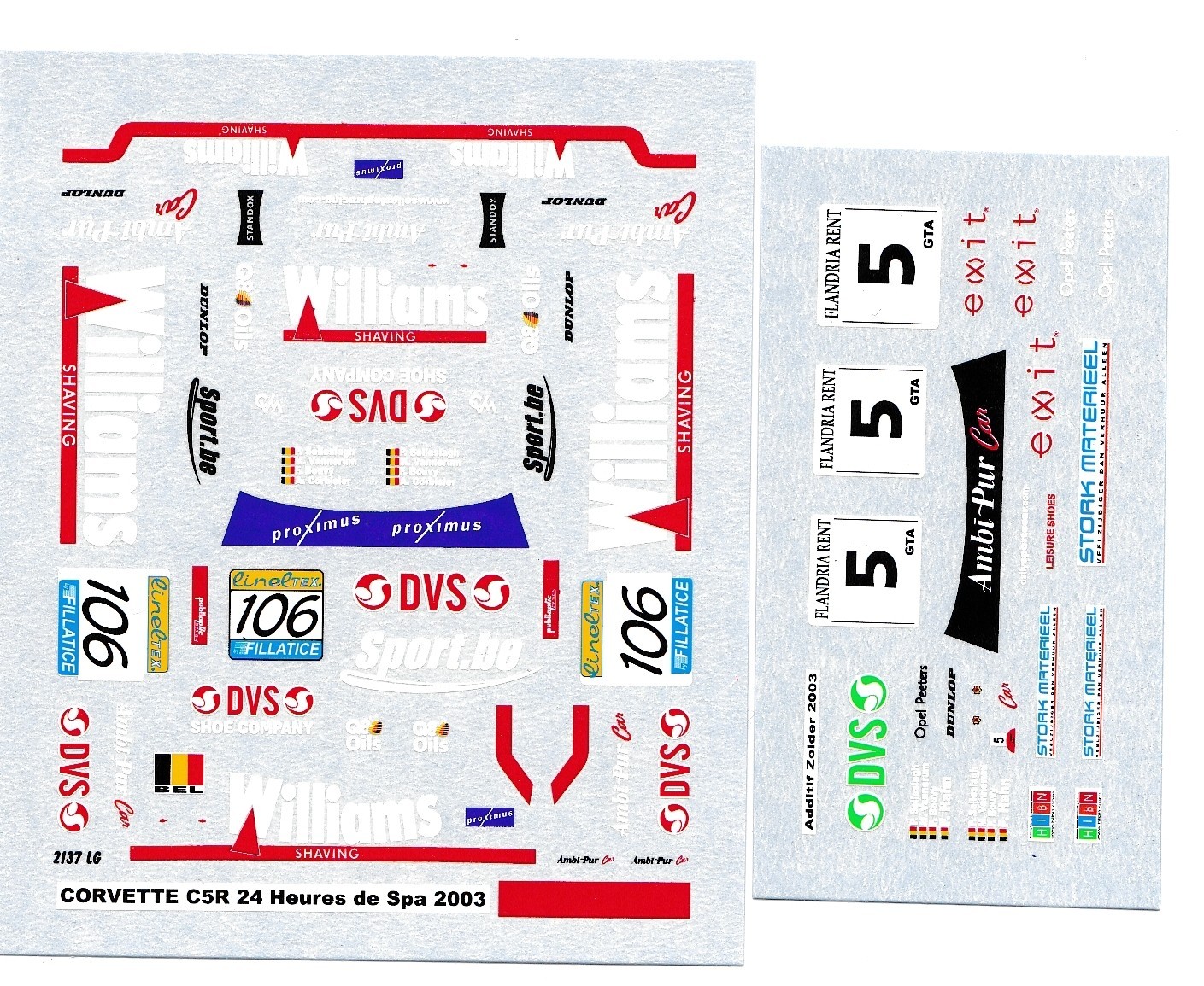 Decal 1/43 Chevy Corvette C5R WILLIAMS 24h Spa #106 / Zolder #5 by Francorchamps