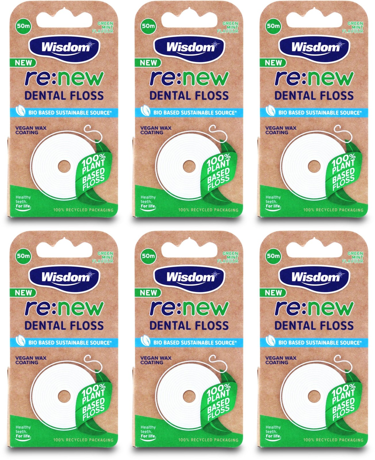 6x Wisdom re:new Dental Floss | Vegan | 100% Plant BIO Based | Mint Flavour- 50m - Image 3