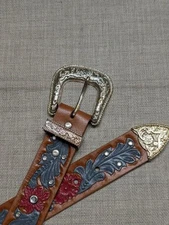 vintage RANGER buckle belt STUDDED leather 32 western FLORAL rhinestone TOOLED