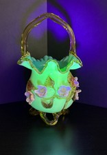 LARGE STEVENS & WILLIAMS BLUE CASED GLASS URANIUM/VASELINE BASKET W FLOWERS 12.5