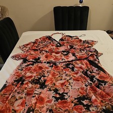 Fashion Nova Black Pink Floral Ruffle Maxi Dress Flutter Sleeve V Neck 1XL