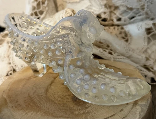 MCM Vintage Fenton Glass French  Opalescent Hobnail Cat Head Slipper/ Shoe