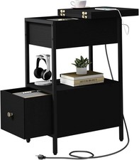 End Table with Charging Station, Narrow Side Table with Flip Top Cabinet and Fab
