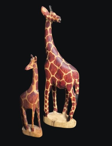 Hand Carved Wooden Giraffe Figurines Set of 2 Kenya 11.75" and 7" Vintage