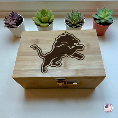 Detroit Lions Stash Box   Bamboo Locking  Box with Combo Lock & Tray