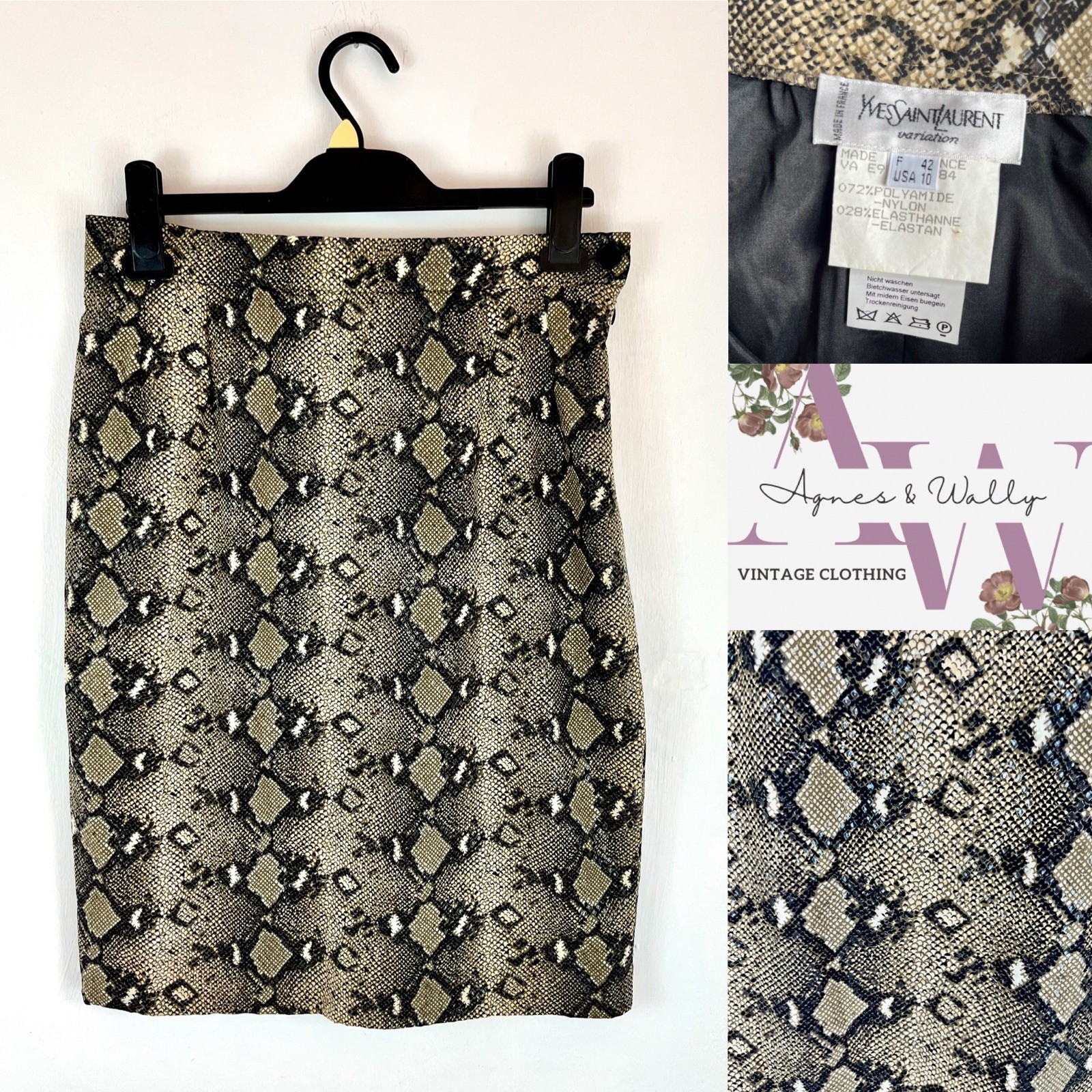 Gonna a matita vintage YSL Yves Saint Laurent Encore finta pelle di serpente F 42 USA 12