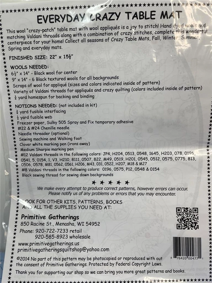 PRIMITIVE GATHERINGS Pattern EVERY DAY CRAZY TABLE MAT 22" x 15.5" Lisa Bongean - Image 3 of 3