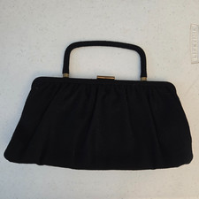 Vintage 1950s Garay Black Wool Evening Clutch Handbag Purse w Gold Clasp