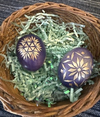 Hand Painted Straw Appliqué Blown Egg Folk Art   Purple & Gold   Set of 2