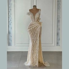 Sparkly Light Champagne Sequins Prom Gowns Beading Mermaid Off Shoulder Evening