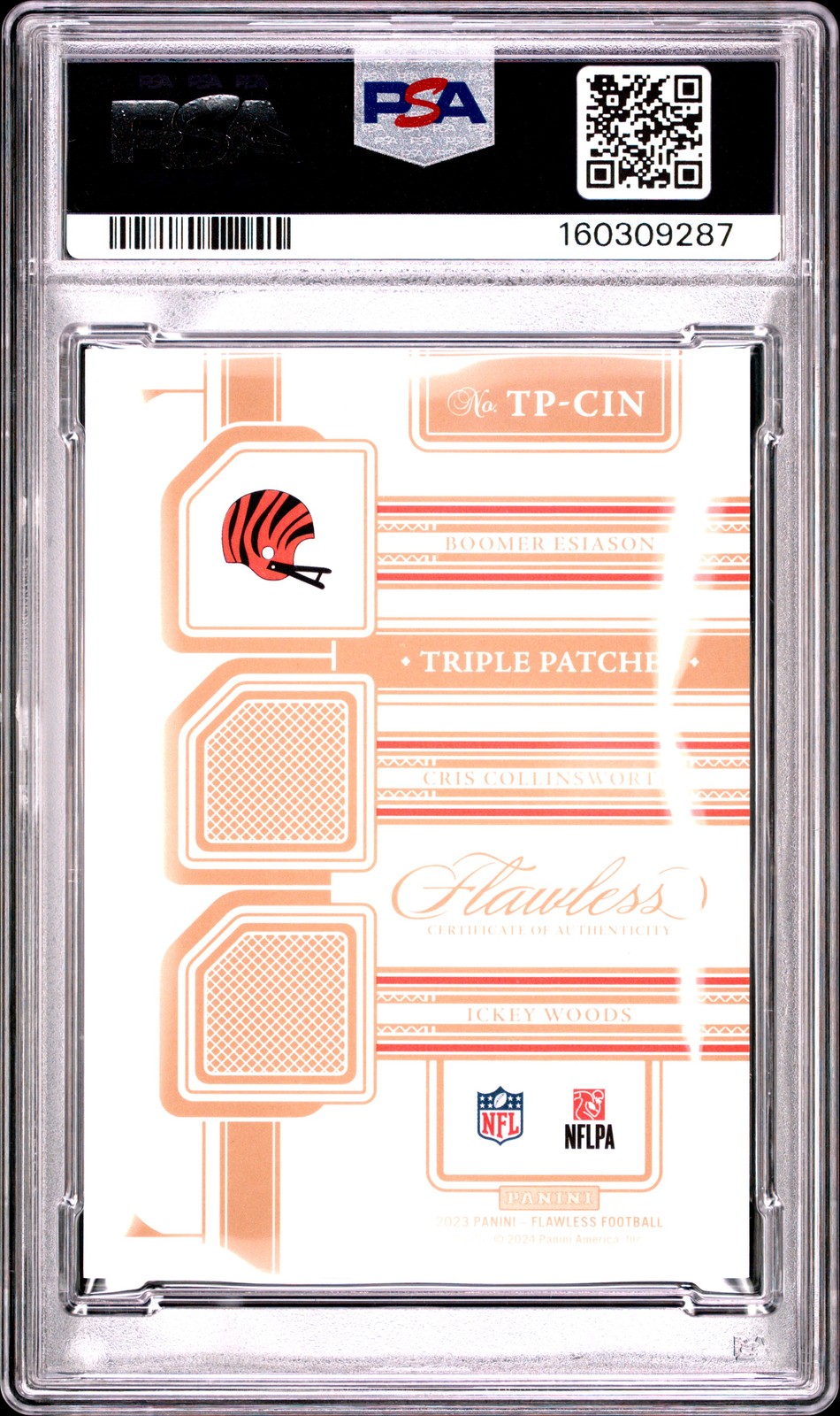 2023 FLAWLESS TRIPLE TAGS BOOMER ESIASON CRIS COLLINSWORTH ICKEY WOODS 1/1 PSA 8 view 2