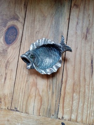 Pewter Green Stone Eyed  Fish Trinket Dish  Heavily Textured Scale Pattern
