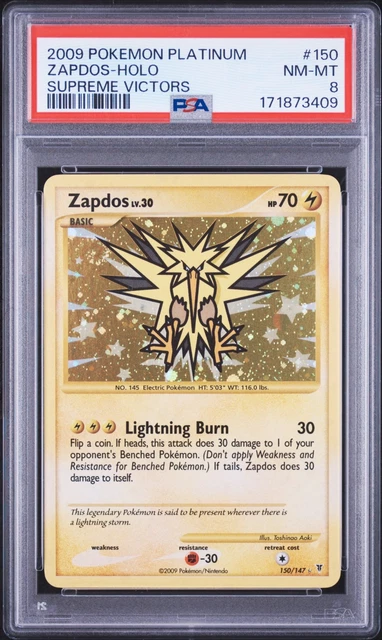 *New Cert* SWIRL!! 2009 POKEMON PLATINUM SUPREME VICTORS #150 ZAPDOS-HOLO PSA 8