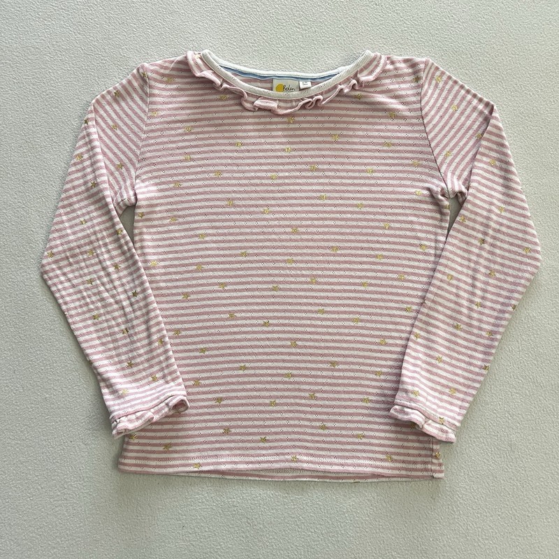 Boden Girl Pink White Stripe Gold Star Sparkly Ruffle Pointelle Long Top 8-9Y